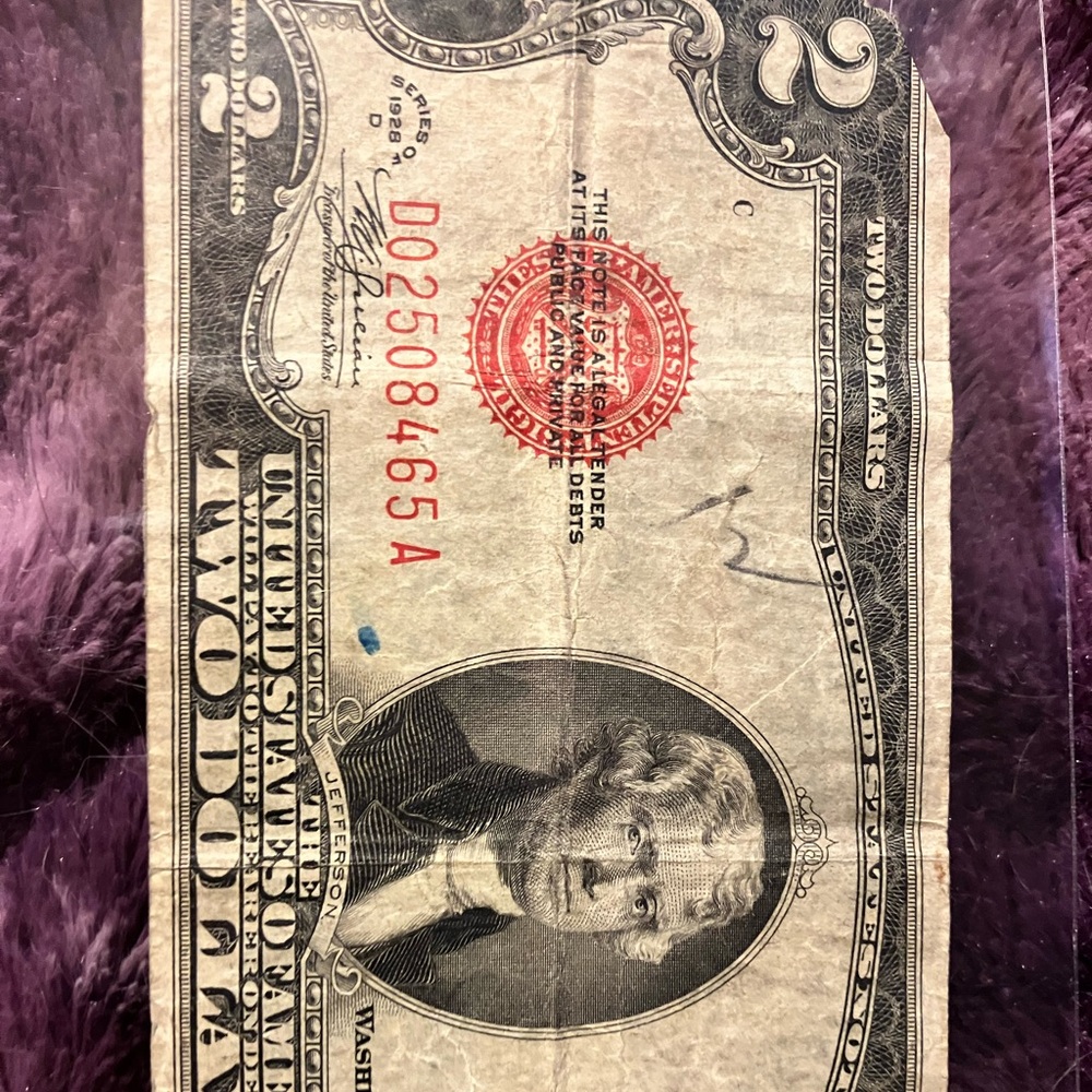 1928 red seal 2 dollar bill